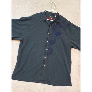 Bamboo Cay Shirt Men Extra Large Embroidered Floral Navy Blue Modal Blend Resort